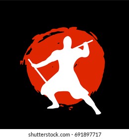 Ninja Warrior Silhouette on red moon and black background. Isolated Vector illustration.