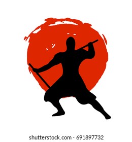 Ninja Warrior Silhouette on red moon and white background. Isolated Vector illustration.