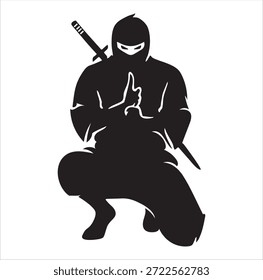 Guerrero Ninja con espada en blanco y negro
