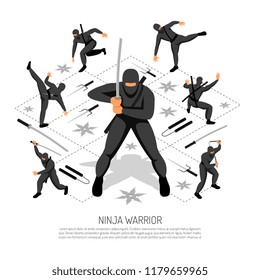 Ninja warrior unbeatable stickman character in various action poses isometric interactive video game advertisement poster vector illustration  