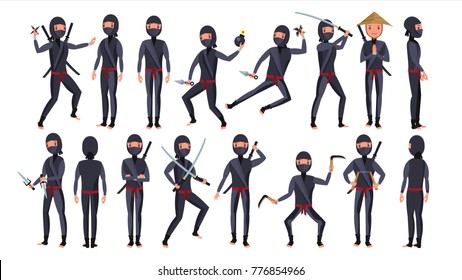 Ninja Warrior Vector. Black Suit. Showing Different Actions With Weapons. Isolated Flat Cartoon Illustration