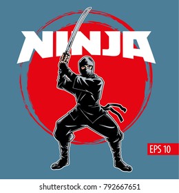 Ninja warrior vector illustration. Silhouette of japanese fighter.