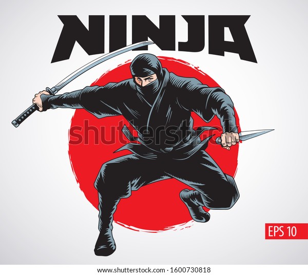 Ninja warrior vector illustration. Silhouette of\
japanese fighter.