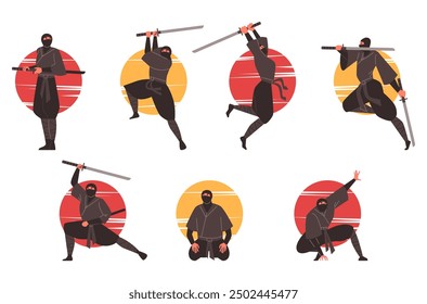 Guerreros Ninja en poses dinámicas. Gráficos de Vector de personajes enmascarados empuñando katanas y demostrando técnicas de ninjutsu en trajes tradicionales japoneses