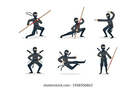 Ninja Warriors Set, Japanese Fighter Character Wearing Black Clothes and Mask in Different Poses Cartoon Vector Illustration