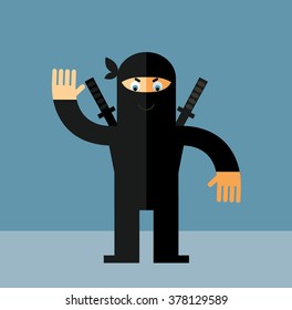 Ninja waving hand. Flat style vector illustration. Ninja in black mask's clothes