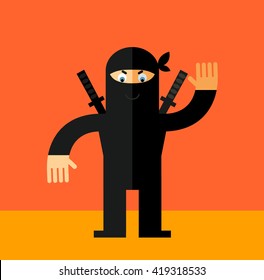 Ninja waving hand. Flat style vector illustration. Ninja in black mask's clothes