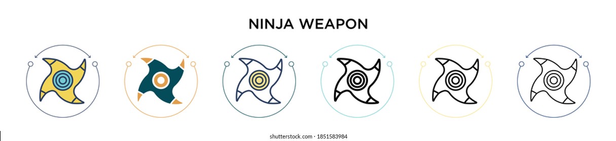 Icono de arma Ninja en estilo relleno, delgado, contorno y trazo. Ilustración vectorial de dos íconos vectores de armas ninja de color y negro se puede utilizar para móviles, ui, web