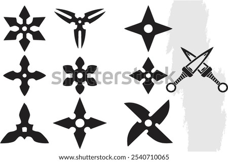 Ninja weapon icons in editable vector format. Ninja star icon in different designs. Shuriken ninja weapon black silhouettes.