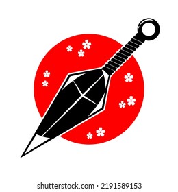 Ninja weapon kunai blade with white sakura flowers in red circle japanese style flat vector icon design.