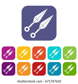Ninja weapon kunai, throwing knives icons set vector illustration in flat style In colors red, blue, green and other