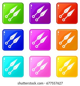 Ninja weapon kunai, throwing knives icons of 9 color set isolated vector illustration