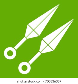 Ninja weapon kunai, throwing knives icon white isolated on green background. Vector illustration