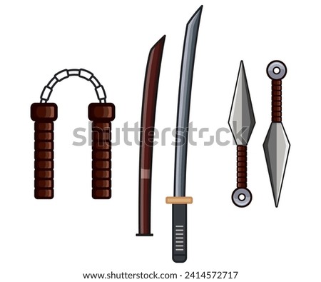 Ninja weapons cartoon, nunchaku, dagger, katana, sword, fight equipment, art martial elements vector illustration