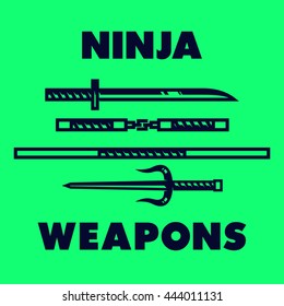Ninja weapons vector. Katana, nunchuck, battle staff, dagger.