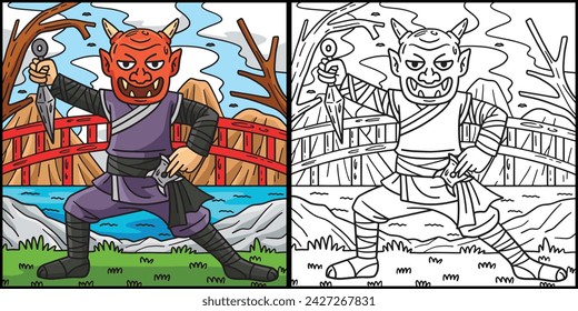 Ninja Wearing Oni Mask Coloring Page Illustration