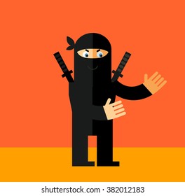 Ninja with welcome hands. Flat style vector illustration. Ninja in black mask's clothes