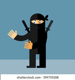 Ninja with welcome hands. Flat style vector illustration. Ninja in black mask's clothes