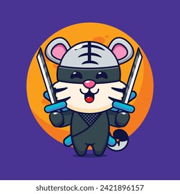 Ilustración vectorial de dibujos animados de tigre blanco Ninja. 