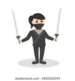 ninja woman with double katana design character on white background