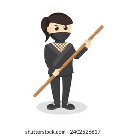 Ninja woman hold wooden stick design character on white background