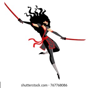 ninja woman jumping with two swords
