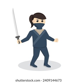 ninja woman with katana design character on white background