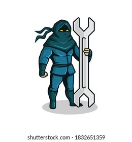 ninja with wrench logo. vector illustration.