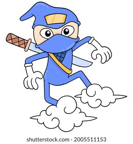 ninjas in action doing flying moves riding the clouds, vector illustration art. doodle icon image kawaii.