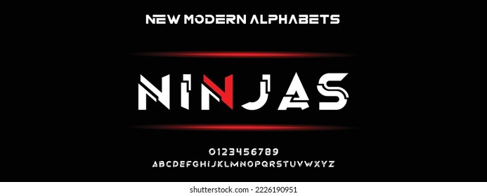 NINJAS Modern Bold Font. Regular Italic Number Typography urban style alphabet fonts for fashion, sport, technology, digital, movie, logo design, vector illustration