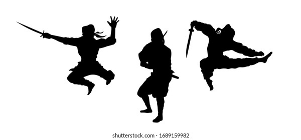 Ninjas in various fighting poses silhouette vector illustration