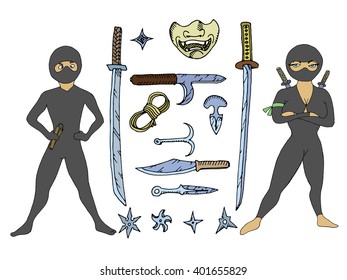 Ninjas with weapon. Hand drawn ninja. Cartoon ninja character. Vector illustration.