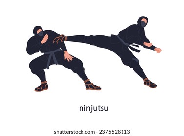 Opositores a los combatientes de Ninjutsu. Guerreros ninja japoneses luchan, luchan en batalla, combaten. Luchadores japoneses enmascarados. Ataque rival, patadas. Ilustración vectorial plana aislada en fondo blanco