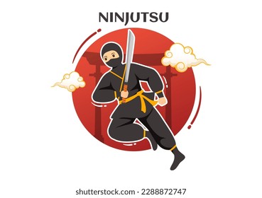 Ninjutsu-Vektorgrafik mit dem Schriftzeichen Ninja Shinobi aus Japan im flachen Cartoon-Stil, handgezeichnet Landing Page-Hintergrundvorlagen