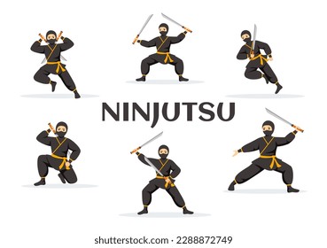 Ninjutsu Vector Illustration with Character Ninja Shinobi from Japan in Flat Cartoon Style Hand Drawn Landing Page Background Templates