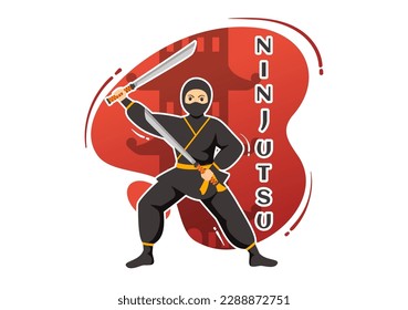 Ninjutsu-Vektorgrafik mit dem Schriftzeichen Ninja Shinobi aus Japan im flachen Cartoon-Stil, handgezeichnet Landing Page-Hintergrundvorlagen