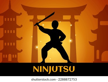 Ilustración vectorial de Ninjutsu con el personaje Ninja Shinobi de Japón en plantillas de fondo de página de aterrizaje dibujadas a mano con dibujos planos