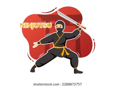 Ninjutsu-Vektorgrafik mit dem Schriftzeichen Ninja Shinobi aus Japan im flachen Cartoon-Stil, handgezeichnet Landing Page-Hintergrundvorlagen