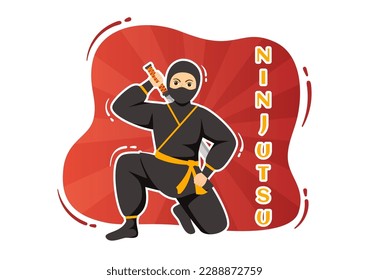 Ninjutsu-Vektorgrafik mit dem Schriftzeichen Ninja Shinobi aus Japan im flachen Cartoon-Stil, handgezeichnet Landing Page-Hintergrundvorlagen