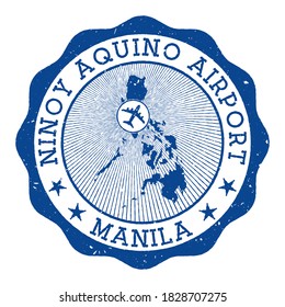 Ninoy Aquino Airport Manila stamp. Airport of Manila round logo with location on Philippines map marked by airplane. Vector illustration.