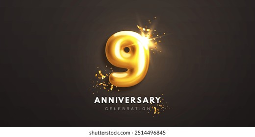 Anuncio de celebración del noveno aniversario. Realista brillante 3d dorado número 9 y confeti brillante sobre fondo negro. Elemento decorativo para el cartel, invitación, tarjeta de felicitación. Ilustración vectorial