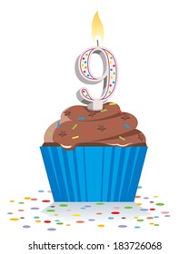ninth birthday cupcake with lit candle in shape of number nine 