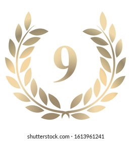 Ninth birthday gold laurel wreath. Vector isolated on a white background 
