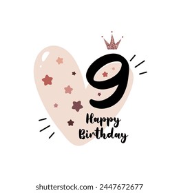 Ninth birthday greeting card with doodle heart and stars prints. Birthday greeting card