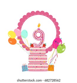 Ninth birthday greeting card with frame, cake and balloon