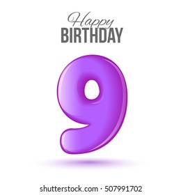 Ninth birthday greeting card template with 3d shiny number nine balloon on white background. Birthday party greeting, invitation card, banner with number 9 shaped balloon on white background