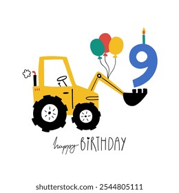 Ninth birthday. Hand drawn happy birthday card with cute cartoon car tractor with balls, candle and lettering Happy Birthday. Vector illustration. Baby boy greeting card for 9th birthday