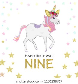 Ninth birthday. Nine. Unicorn Birthday invitation. Party invitation greeting card