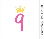 Ninth Birthday, Nine Vector File, Baby Girl, Crown, Number, Cutting File, PNG, Cricut, Silhouette, Cut Files, Number Nine, Nine Years Old, Vector Files for Cricut