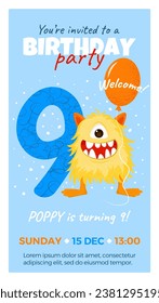 Ninth birthday party invitation with monster, number nine, text and balloon. Happy birthday card in flat cartoon style. Vector illustration. All objects are isolated.